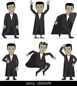 Dracula vampire personnage de dessin animé dans différentes poses. Costume de fête d'Halloween. Illustration vectorielle. Illustration de Vecteur