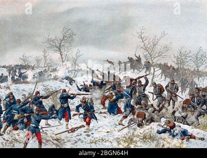 BATAILLE DU MANS 10-12 janvier 1871 pendant la guerre franco-prussienne. Les forces françaises à gauche sont sur le point d'être sur le point d'être sur le point d'être Banque D'Images