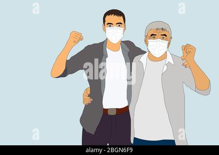 père et fils portant un masque protecteur, coronavirus covid-19 prévention Banque D'Images