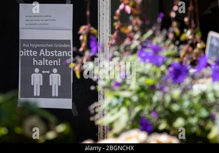 Potsdam, Allemagne. 22 avril 2020. Un panneau en face d'un fleuriste dans le centre-ville avertit les gens de garder leur distance. Les petites boutiques peuvent rouvrir dans le Brandebourg, les boutiques de 800 mètres carrés d'espace de vente, y compris celles des centres commerciaux, ainsi que les concessionnaires de voitures, de vélos et de livres. Crédit: Soeren Stache/dpa-Zentralbild/ZB/dpa/Alay Live News Banque D'Images