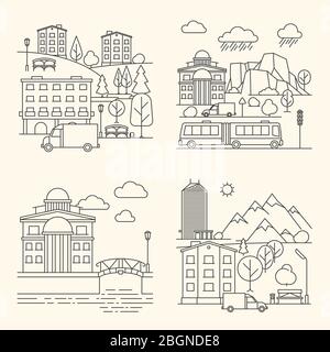 Éléments linéaires de la ville. Bâtiments et transports urbains, paysage urbain de style ligne. Illustration vectorielle Illustration de Vecteur