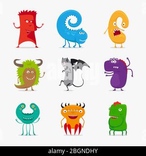Caricature de jolis monstres vectoriels. Différentes couleurs drôles monstres icônes sur fond blanc. Illustration vectorielle Illustration de Vecteur