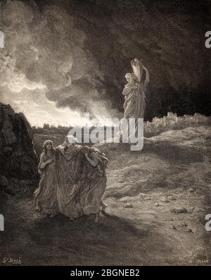 Lot et sa famille fuyant de brûler Sodome et Gomorrah, ancien Testament, boisé par Gustave Doré Banque D'Images
