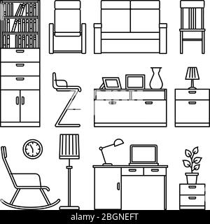 Icônes de meubles de ligne. Limages noirs de chaise, de table, de rayonnages de livres et de table sur fond blanc. Illustration vectorielle Illustration de Vecteur