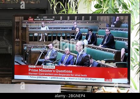 Le Parlement européen en vertu de nouvelles réglementations de distanciation sociale. Les bancs conservateurs pendant les QPM. Dominic Raab est au poste de premier ministre B Johnson. Banque D'Images