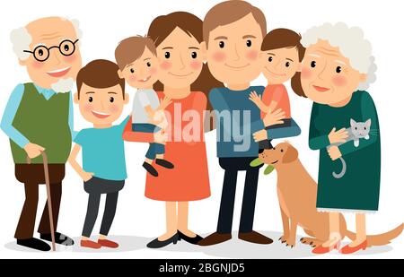 Portrait de famille heureux. Père et mère, fils et fille, grands-parents en une seule photo ensemble. Illustration vectorielle. Illustration de Vecteur