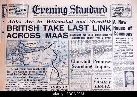 Alliés à Willemstad et Moerdijk « British Take Last Link à travers Maas » Evening Standard WWII British journal Headline 7 novembre 1944 Londres UK Banque D'Images