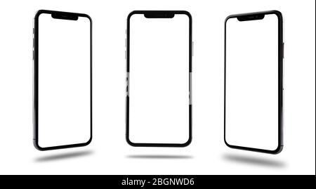 Gros plan smartphone numérique noir moderne mobile maquette écran vierge trois positions avant et côté isolé sur fond blanc, pas de chemin de découpe Banque D'Images