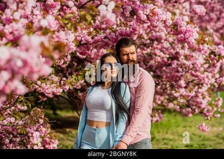 Fleur de sakura rose printanière. Homme et femme debout sous l'arbre de sakura. Amoureux profitant de la vue sur la fleur de cerisier. Fleurs florissantes sur la branche. Date romantique. Amour et romance. Un joli couple jeune. Banque D'Images