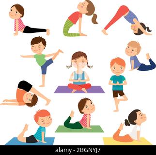 Yoga pour enfants. Les enfants font du yoga dans différentes poses de yoga. Illustration vectorielle Illustration de Vecteur