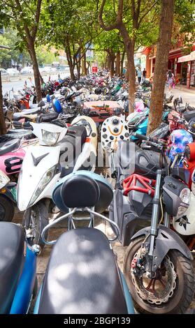 Kunming, Chine - 20 septembre 2017 : scooters stationnés à l'ombre des arbres dans le centre-ville de Kunming. Banque D'Images