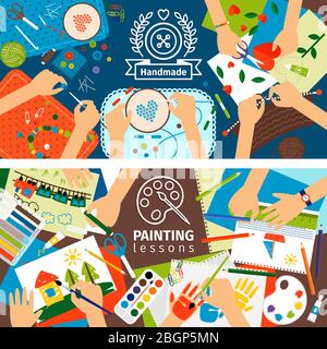 Bannières créatives pour enfants faites à la main. Bannières de processus créatif avec peinture pour enfants et handiwork pour enfants. Illustration vectorielle Illustration de Vecteur