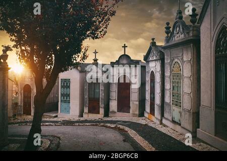 Rangée de cryptes familiales au coucher du soleil dans le cimetière de Prazeres à Lisbonne, Portugal Banque D'Images