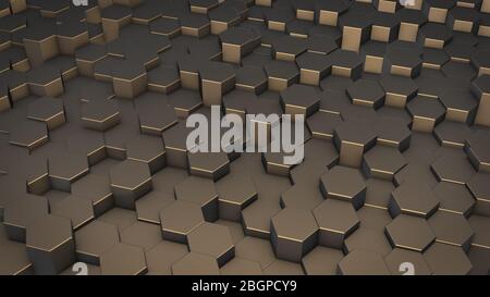 Rendu tridimensionnel de surfaces géométriques hexagonales abstraites dans l'espace virtuel. Formes géométriques placées de manière aléatoire. Paroi polyédrique des hexagones Banque D'Images