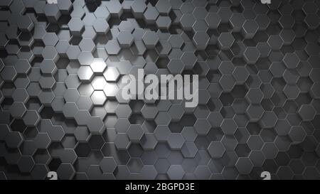 Rendu tridimensionnel de surfaces métalliques géométriques hexagonales abstraites dans l'espace virtuel. Formes géométriques placées de manière aléatoire. Paroi polyédrique des hexagones Banque D'Images