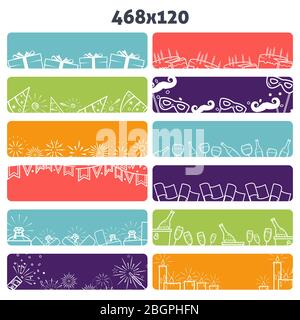 Banderoles de célébration Internet vecteur ensemble avec gâteau feu de travail boissons giftbox Illustration de Vecteur