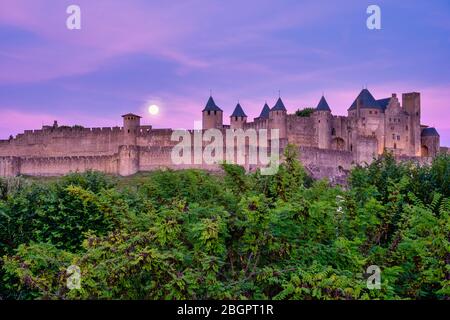Château médiéval Château Comtal en haut d'une colline sur la cité fortifiée de Carcassonne, France, Europe Banque D'Images