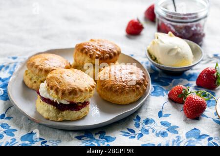 Scones maison fraîchement cuits avec confiture de strawbery et crème épaisse Banque D'Images