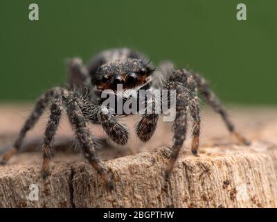 Gros plan sur une branche d'une jolie araignée de saut (Platycryptus californicus). Photographié dans Delta, Colombie-Britannique, Canada Banque D'Images