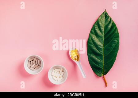 Capsules blanches, grises et huile de poisson oméga-3 dans les cuillères avec de grandes feuilles vertes sur le fond rose. Concept de santé et de beauté. Banque D'Images