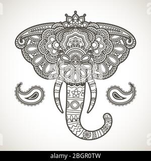 Illustration vectorielle de tête d'éléphant indien vintage dessinée à la main Illustration de Vecteur