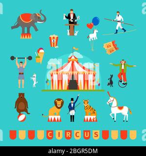 Cirque et éléments de foire amusants dans un style moderne et plat Illustration de Vecteur