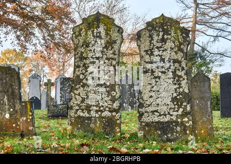 Cimetière en automne. Gros plan de deux vieilles tombstones à l'ouest recouvertes de lichen blanc devant de nombreuses autres pierres sur un champ vert. Banque D'Images