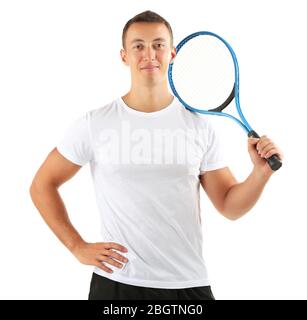 Beau jeune sportsman holding racket isolated on white Banque D'Images