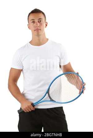 Beau jeune sportsman holding racket isolated on white Banque D'Images
