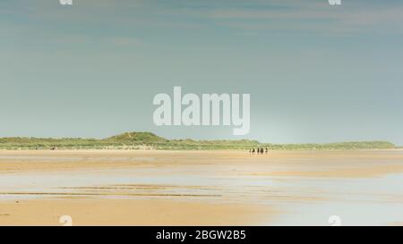 Cavaliers sur la plage, vue lointaine - Holkham, août 2016 Banque D'Images