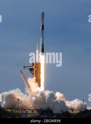 22 avril 2020 - Kennedy Space Center, Floride, États-Unis - une fusée SpaceX Falcon 9 transportant le septième lot de 60 satellites Starlink a été lancée avec succès le 22 avril 2020 à partir du PAD 39 A au Kennedy Space Center en Floride. Les satellites font partie d'une constellation planifiée qui fournira un service Internet à large bande dans le monde entier. (Paul Hennessy/Alay) Banque D'Images