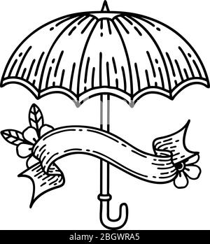 tatouage traditionnel de dessin au trait noir avec bannière d'un parapluie Illustration de Vecteur