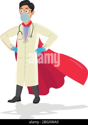 Médecin de dessin animé avec un super-héros cape. Illustration de Vecteur
