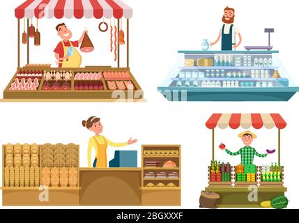 Marchés locaux. Aliments frais de ferme, viande, boulangerie et lait. Magasins isolés sur fond blanc. Marché magasin de lait et de viande, légumes et fruits Illustration de Vecteur