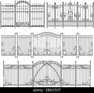 Grille en fer et clôture avec différents éléments décoratifs. Illustrations vectorielles protection de la barrière et de la barrière Illustration de Vecteur