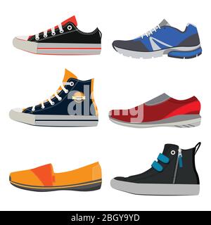 Chaussures de sport pour adolescents. Baskets colorées à différents styles. Illustrations vectorielles, ensemble de chaussures d'entraînement et de chaussures de fitness tendance Illustration de Vecteur