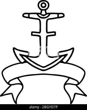tatouage de dessin au trait noir traditionnel avec bannière d'une ancre Illustration de Vecteur