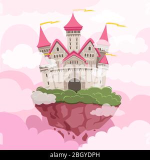 Château de conte de fées avec de grandes tours dans le ciel. Fond de paysage de fantaisie. Un château de rêve avec une tour dans le ciel et des nuages roses. Illustration vectorielle Illustration de Vecteur