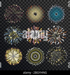 Isolation en rafale en étoile sur fond transparent. Jeu de grands feux d'artifice vectoriels. Feu de travail anti-explosion pour l'illustration de l'événement du festival Illustration de Vecteur