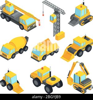 Technique différente pour la construction. Machines de construction de voitures isométriques, illustration de transport de matériel industriel vectoriel Illustration de Vecteur