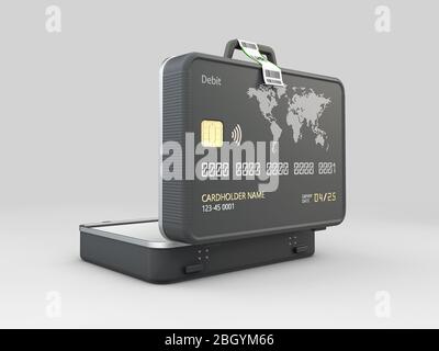 rendu tridimensionnel du Suitcase ouvert avec carte bancaire, chemin de découpe inclus. Banque D'Images