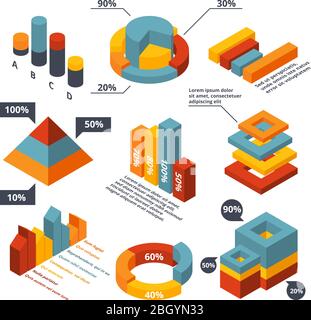 Différents éléments isométriques pour l'infographie d'entreprise. Diagrammes graphiques, graphiques en trois dimensions. Graphique et diagramme d'affaires dans une illustration de style colorimétrique isométrique Illustration de Vecteur