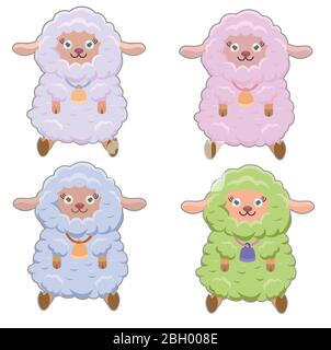 un ensemble de moutons de différentes couleurs avec une cloche, illustration Banque D'Images