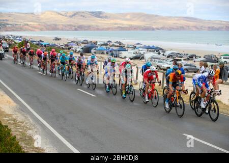 ADÉLAÏDE, AUSTRALIE MÉRIDIONALE - 26 JANVIER 2020 : Bruno Armiail d'Equipe cycliste Groupama-FDJ dirige le peleton à Aldinga Beach à la phase 6 de McLaren Banque D'Images