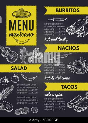 Cuisine mexicaine traditionnelle. Modèle de design de menu de restaurant mexicain avec burrito et nachos, illustration vectorielle Illustration de Vecteur