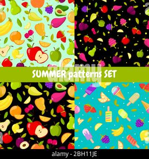 Set de motifs estivaux vectoriels sans couture. Arrière-plans colorés de dessins animés avec des fruits et des glaces Illustration de Vecteur