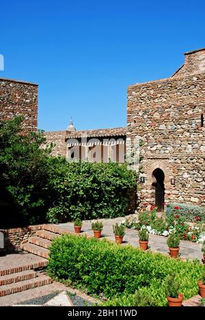 Jardin et cour fournisseur au palais Nasrid du château de Malaga, Malaga, province de Malaga, Andalousie, Espagne, Europe. Banque D'Images