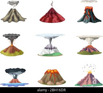 Ensemble vectoriel de montagnes et explosion chaude du volcan. Illustration de l'éruption et de l'explosion du volcan après le séisme Illustration de Vecteur