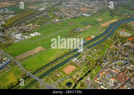 , rivière Lippe et écluse dans le canal Dattel-Hamm-Kanal avec marche à poissons, 20.04.2016, vue aérienne, Allemagne, Rhénanie-du-Nord-Westphalie, Ruhr Area, Hamm Banque D'Images