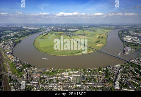 , Rhin à Krefeld à Duisburg-Uerdingen avec pont de B 288, 09.06.2016, vue aérienne, Allemagne, Rhénanie-du-Nord-Westphalie, Uerdingen, Krefeld Banque D'Images